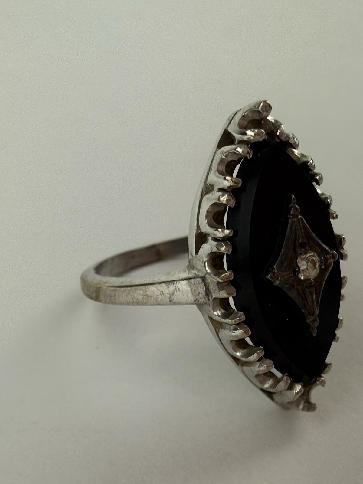 Vintage Art Deco 14k White Gold Marquise Black Onyx Diamond Ring Size 7