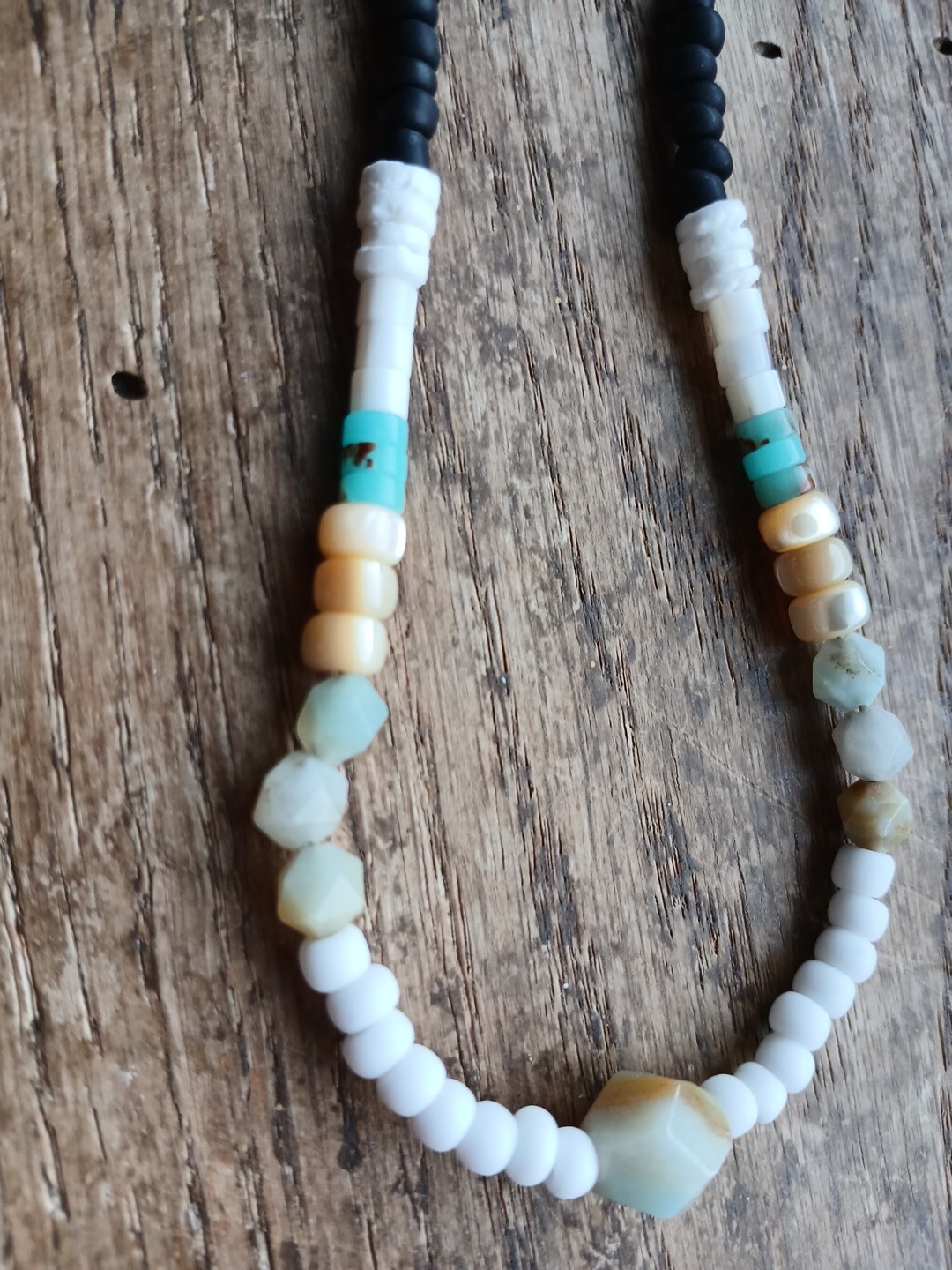 Amazonite River Shell Glass Bead Necklace Hemp Cord Hippie Boho Layering