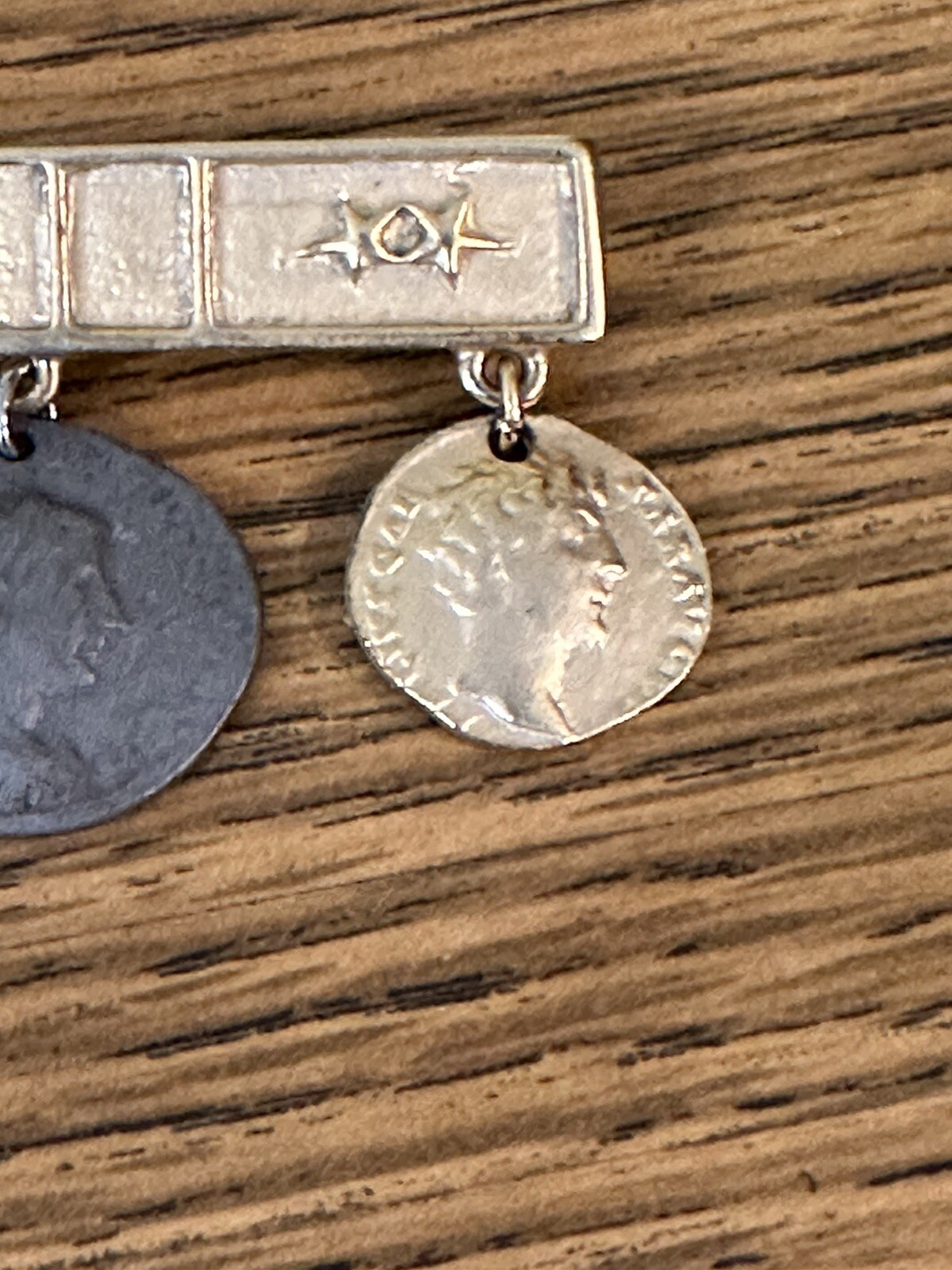 Vintage Brooch Pin ~ 4 Coin Charm Runway Bar Dangle Drop Mixed Metals ~ 2.75″