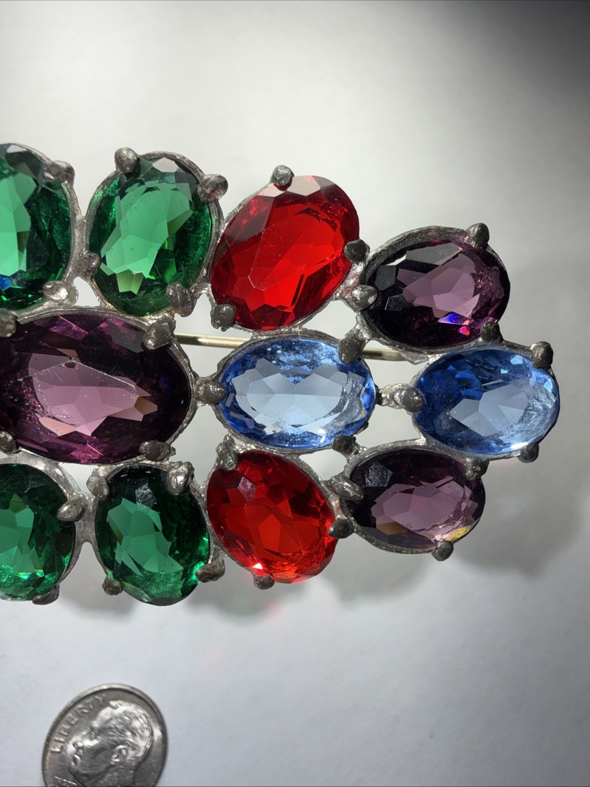 Pin Brooch Czech Art Deco Fruit salad Pot Metal 3.5” Open Back Stones Antique
