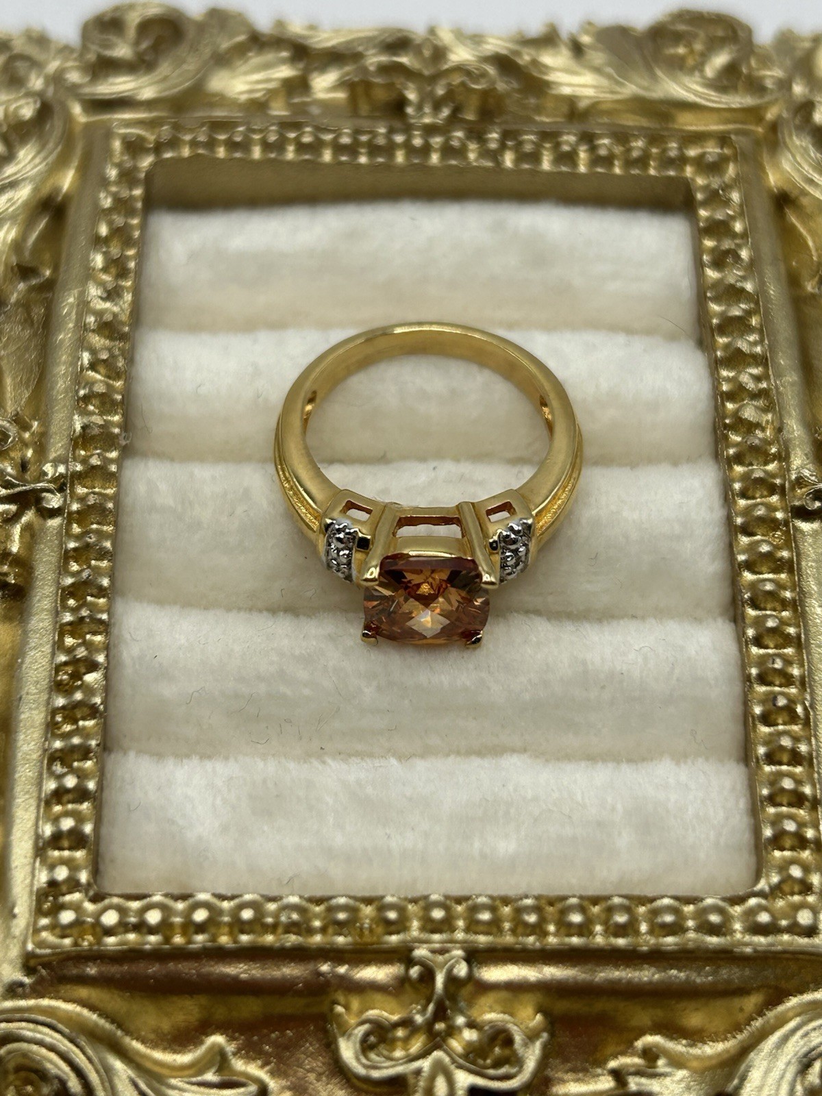 Vintage Gold Tone Cushion Cut Champagne CZ Ring w/ Accents Size 6 Costume