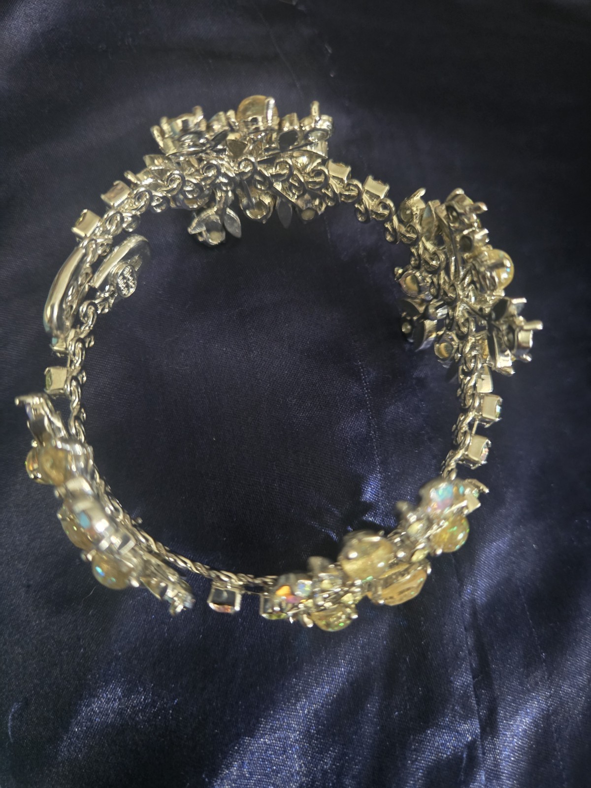 Vintage Tiara Misu Floral Cluster Link Bracelet Silver Tone AB Rhinestones