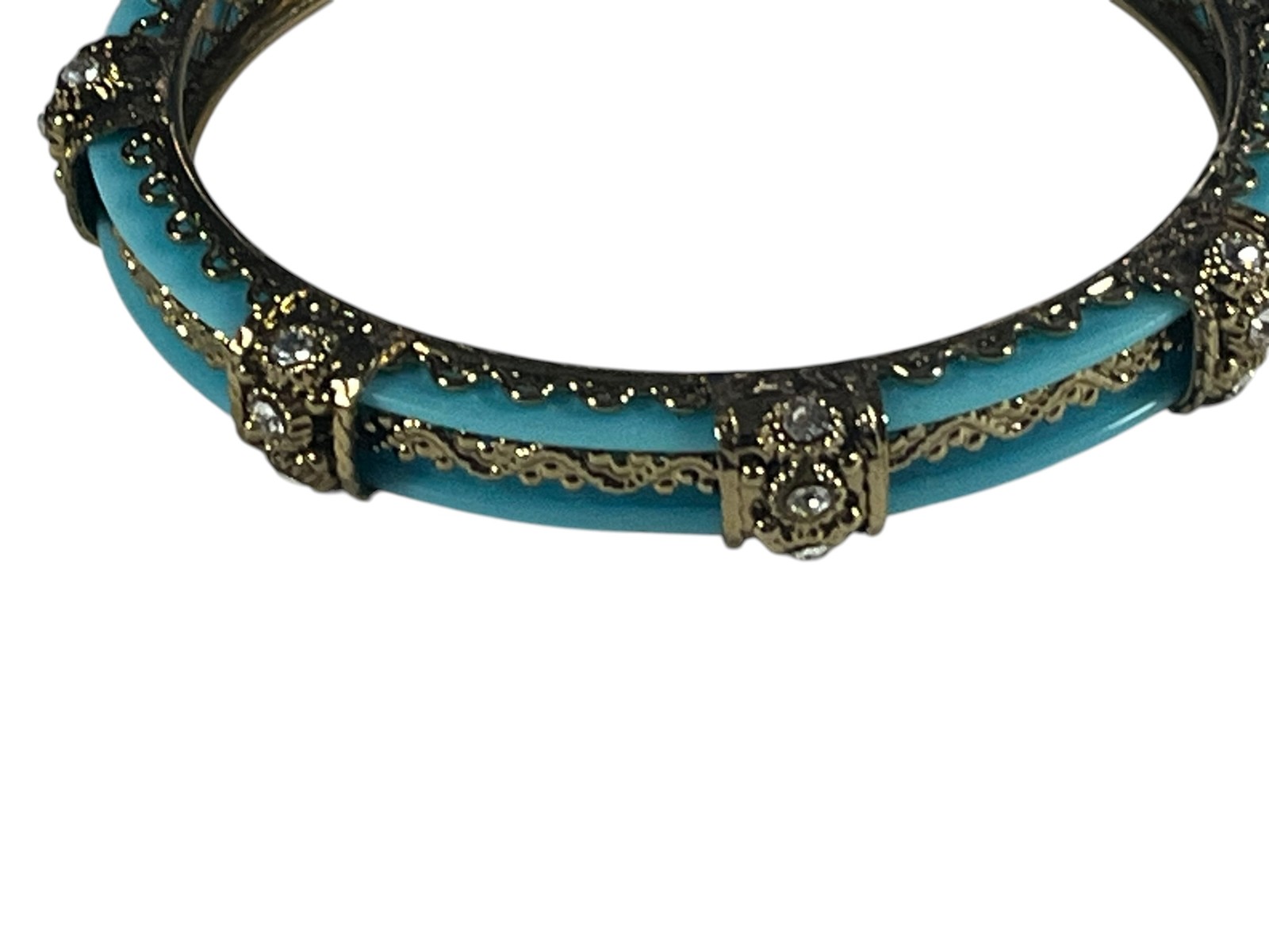 Vintage Gold Tone Turquoise Blue Enamel Rhinestone Hinged Bangle 3″ Bracelet