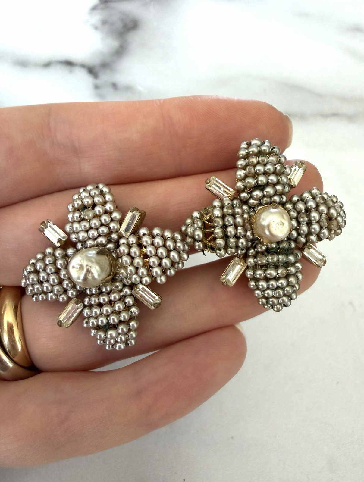 Vintage 1950’s Miriam Haskell Pearl Crystal Flower Filigree Earrings