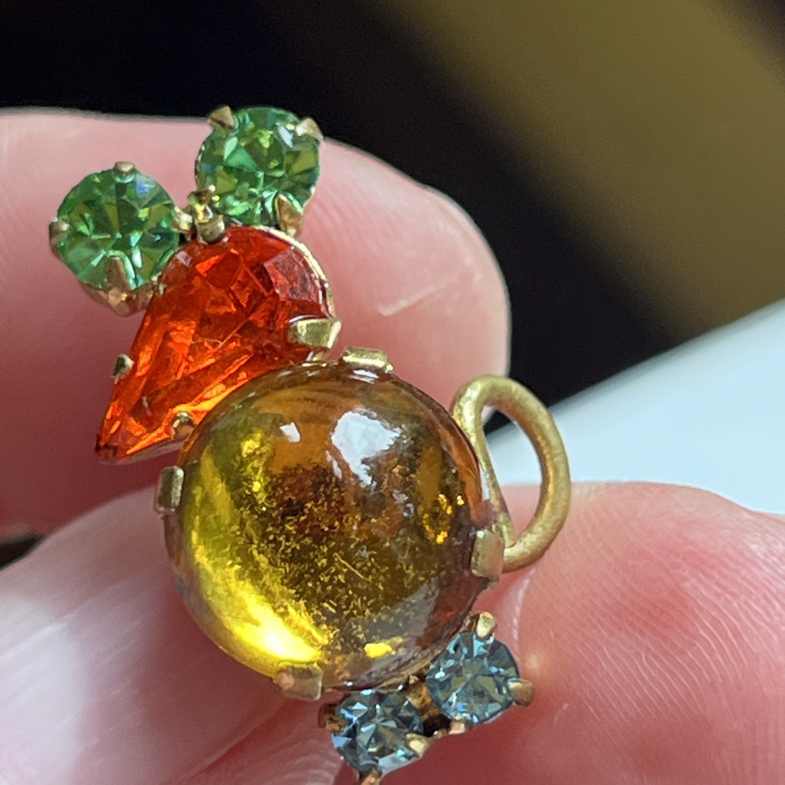 Vintage Made In Austria Mouse Brooch Prong Set Cabochon & Faceted Crystals