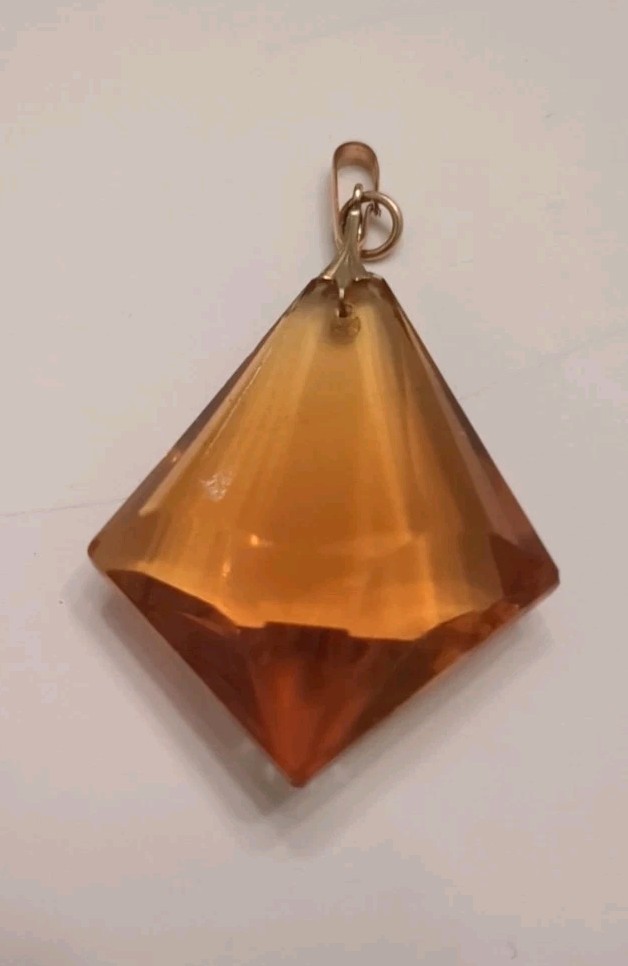 Vintage Amber Tone Faceted Glass /Resin Pendant Geometric Pyramid Charm