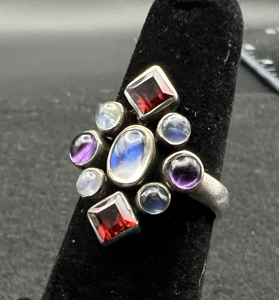 Nicky Butler Sterling Silver Garnet Moonstone Amethyst Cluster Ring Size 5.75