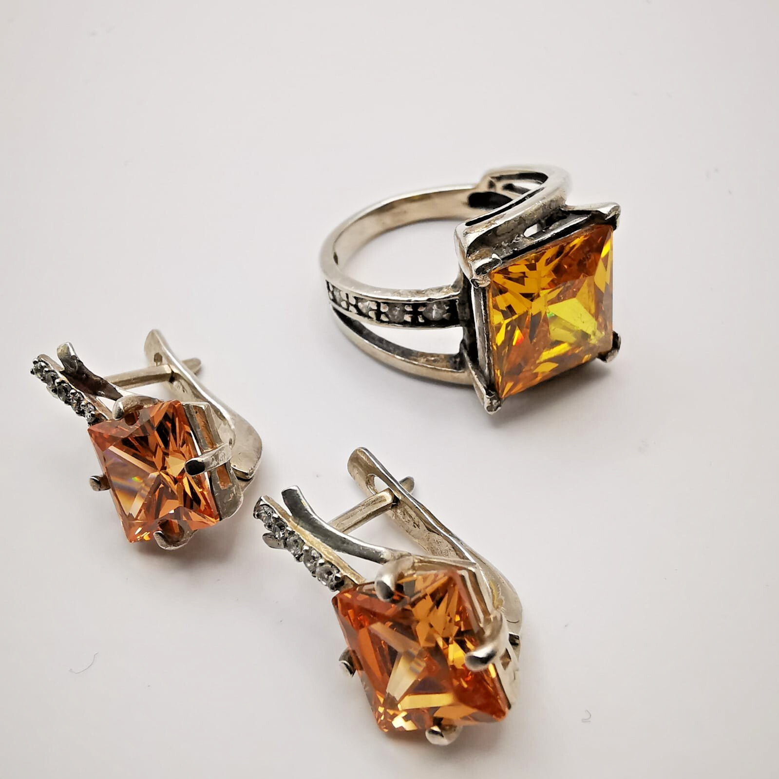 Vintage Unusual Set Earrings Ring Sterling Silver 925 , Women’s Jewelry Zirconia