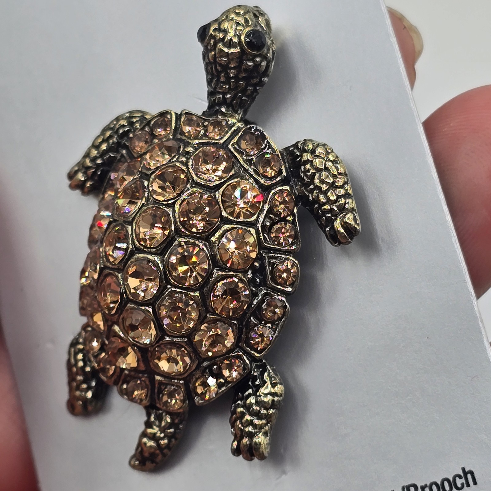 Beautiful Brass-tone Light Brown Rhinestone Shell TURTLE Figural Pin Pendant