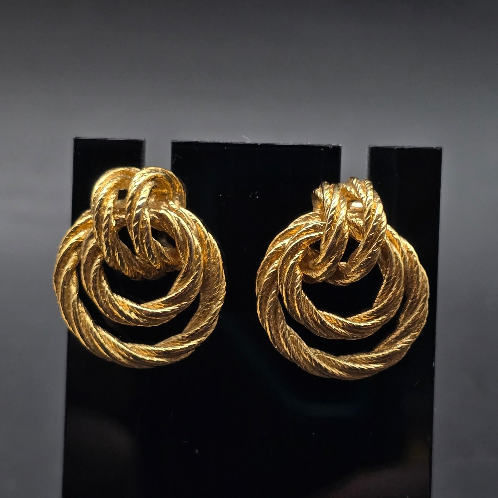 Gold Tone Twisted Circle Earrings Hoops Pierced Post Vintage 1990s
