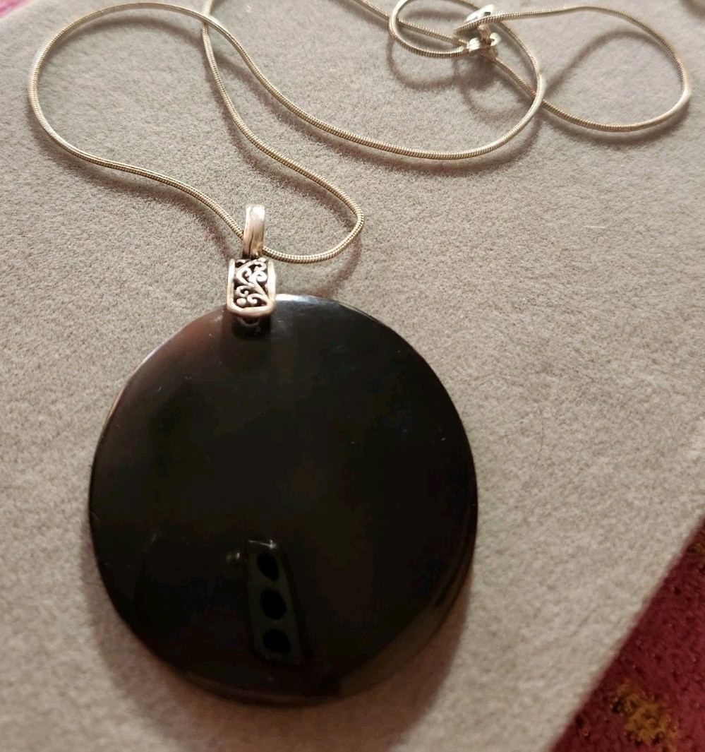 Vintage Brown Round Shell Sterling Silver Pendant Chain & Dangle Earring Set