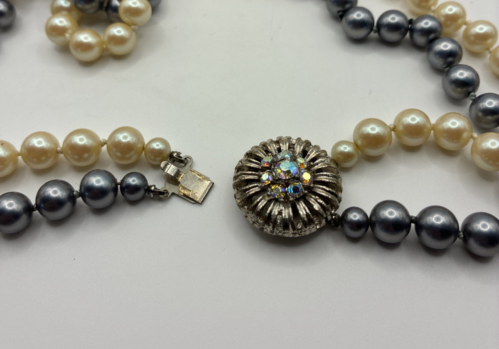 Vintage Double Strand Faux Pearl Necklace Hand Knotted Rhinestone Clasp Wedding