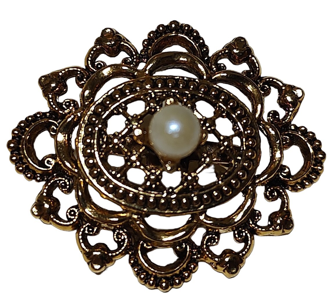 Vintage Tacoa Raised Relief Brooch Pin Faux Pearl Floral Filigree Gold Tone Oval