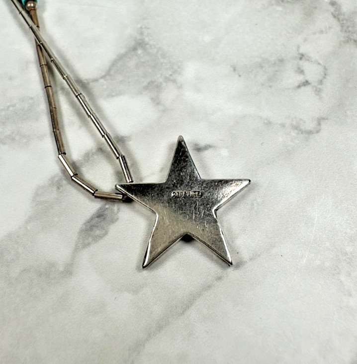 Sterling Silver Star Necklace & Stud Earrings w/ Turquoise Chip Inlay – 14″