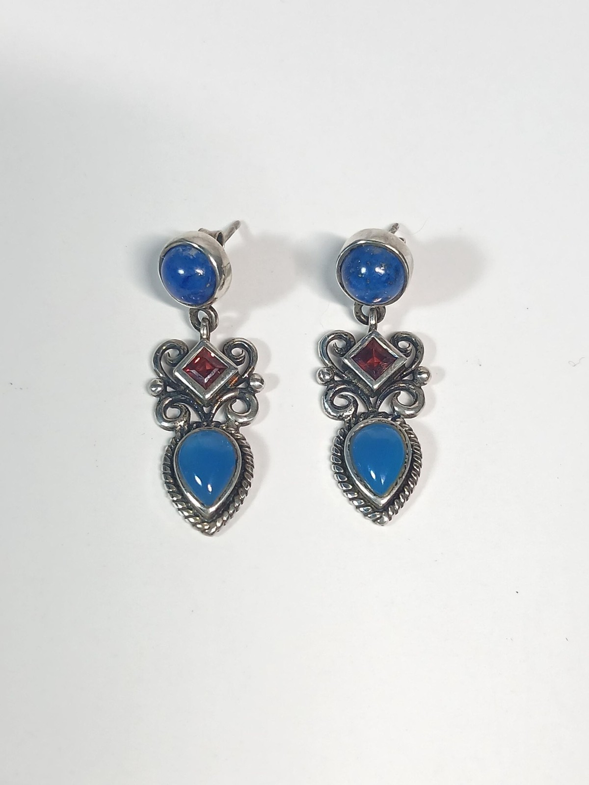 Vintage Sterling Silver 925 Thai Blue Iolite Lapis Lazuli Garnet Dangle Earrings