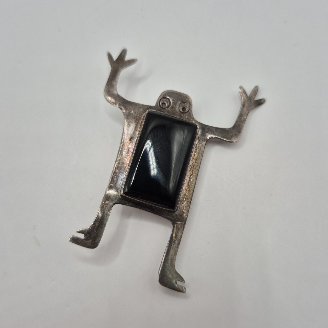 Vintage Sterling Silver 925 Black Enamel Rectangular Body Person Creature Brooch
