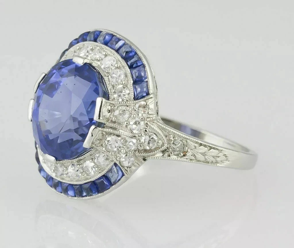 Art Deco Vintage 4.50Ct Blue Lab Created Sapphire Wedding 14K White Gold FN Ring