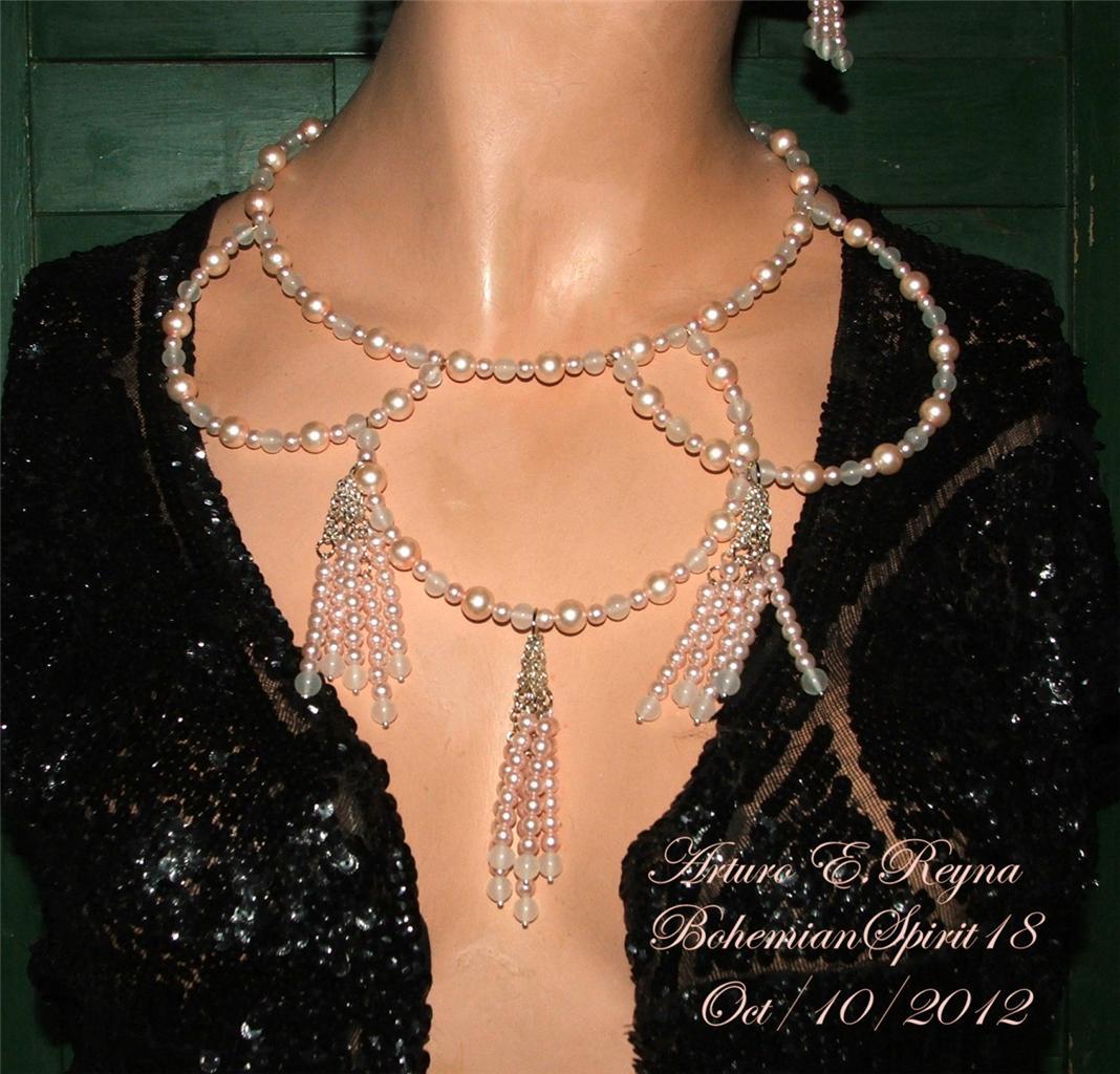 Artisan crafted Vintage Czech Pink Glass Pearls Opalescent Beads Necklace Set