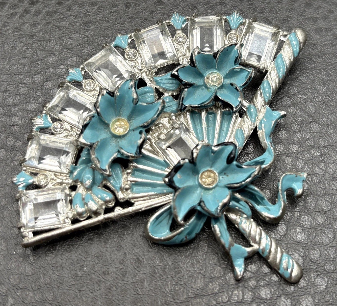 Vintage HUGE Deco Pot Metal Blue Enamel Flower Fan Ribbon Brooch Pin