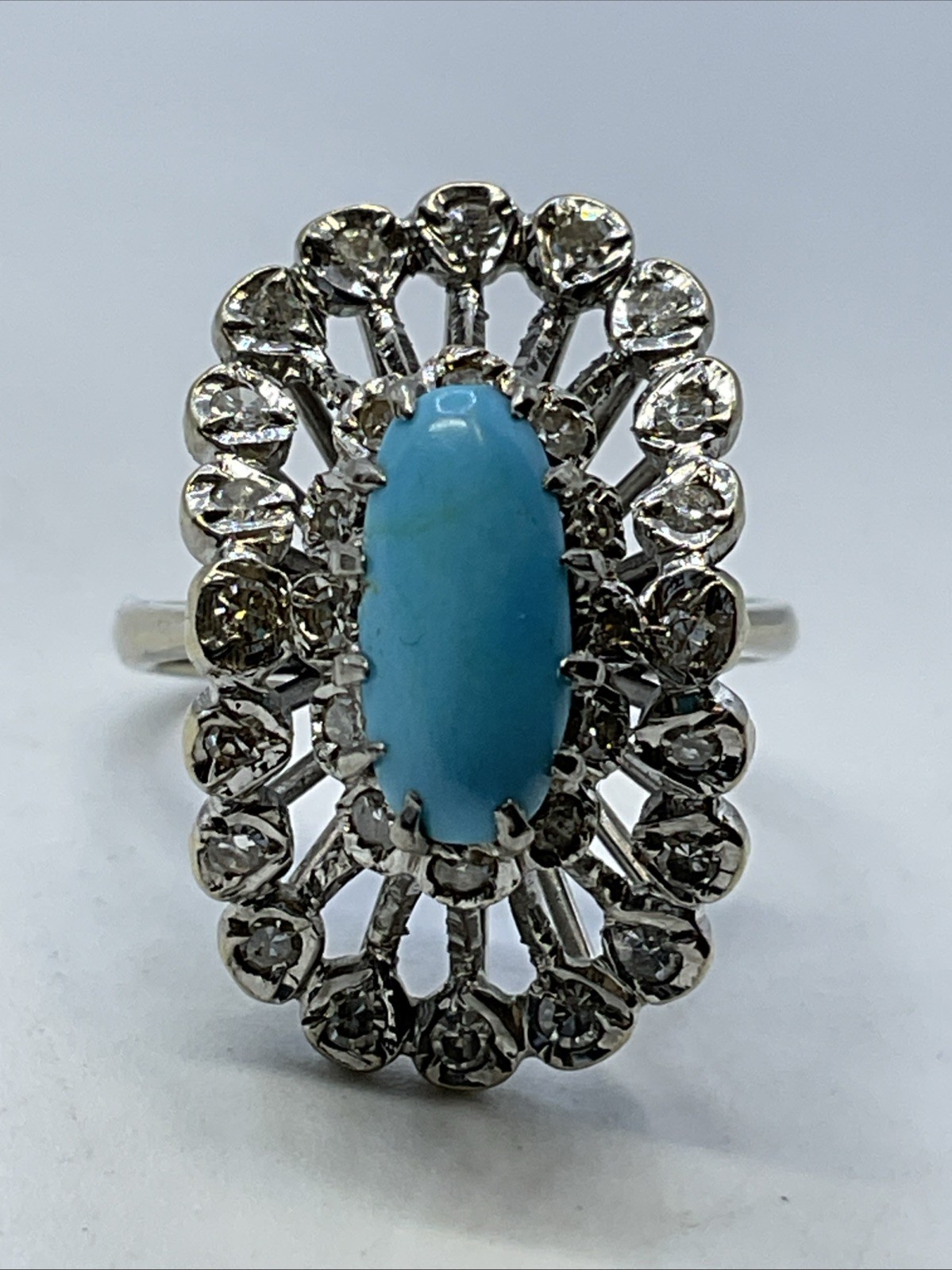 Ladies Ring Solid 18K W.Gold Turquoise & Diamond UNUSUAL DESIGN VINTAGE HANDMADE