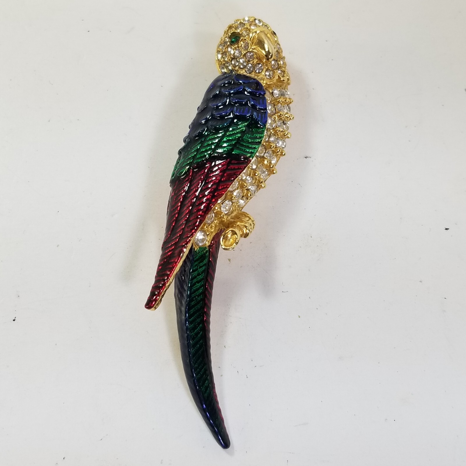 Vintage Rhinestone Parrot Brooch Enamel Red Green Blue Gold Tone Large