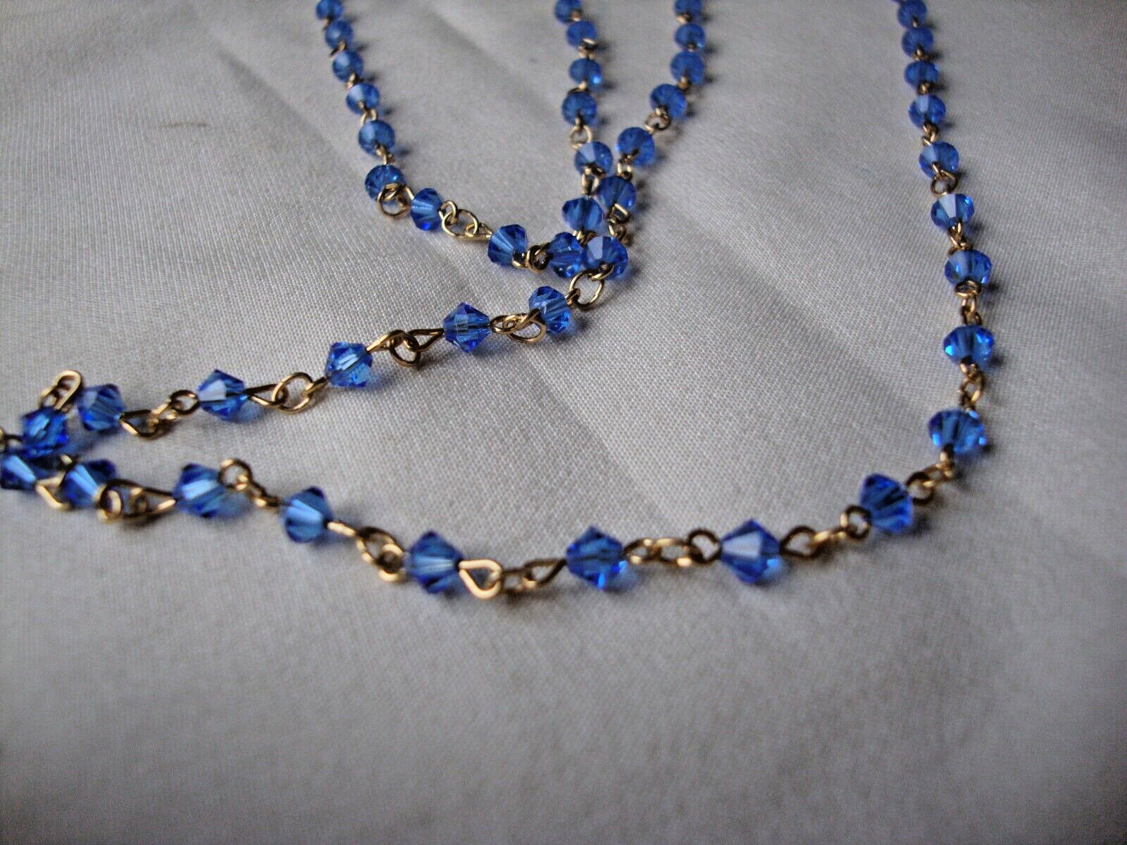 VINTAGE MINIATURE AUSTRIAN CRYSTAL SWISS BLUE CRYSTAL BEADS GOLD TONE NECKLACE