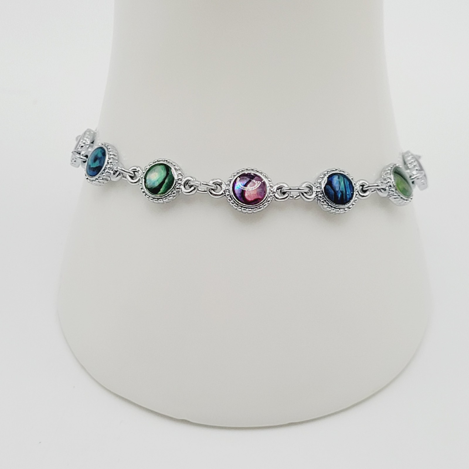 Signed SJ Colorful Paua Abalone Shell Silver Tone Link Vintage Bracelet 7.25 in