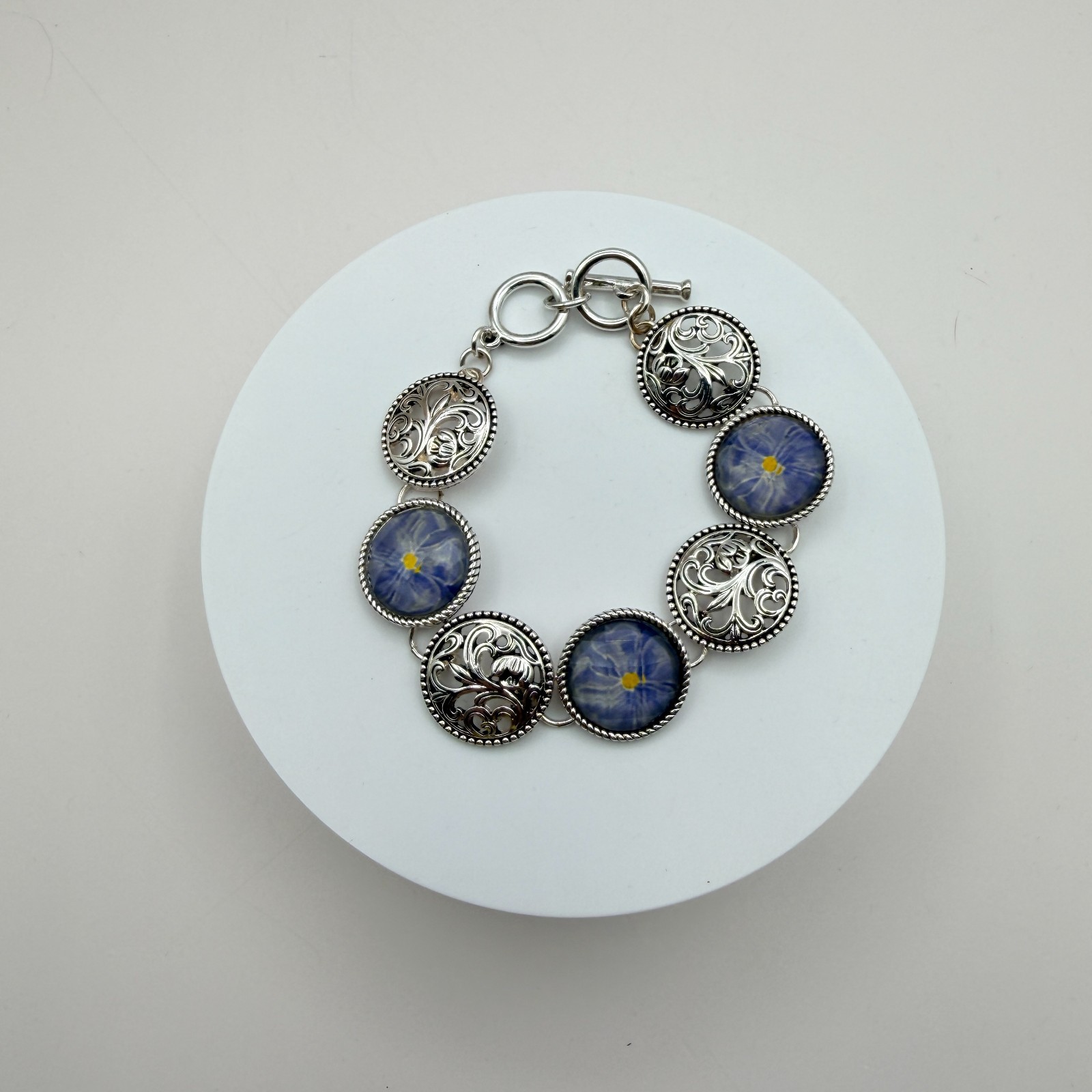 Vintage 90s Silver Tone Blue Flower Glass Cabochon Classic Fashion Jewelry Set