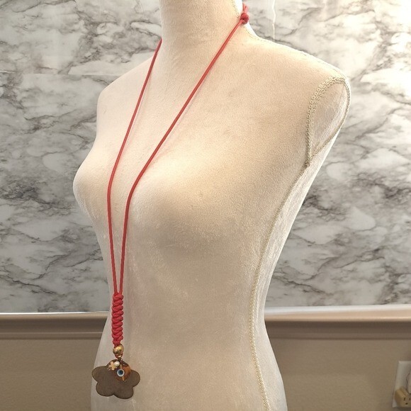 Women’ Handmade Flower Pendant Cord Necklace Red/Gold Boho,Brass 22.5 Inches