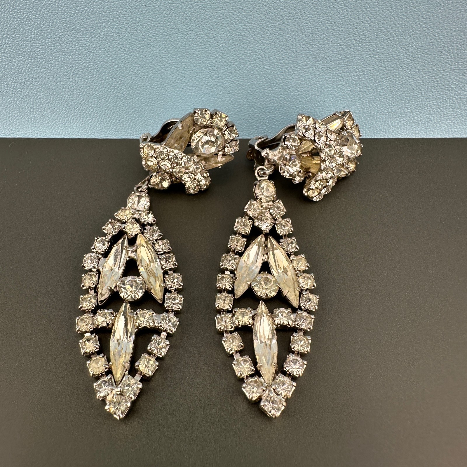 Vintage Rhinestone Earrings Chandelier Drop Clip On Statement Bridal Art Deco