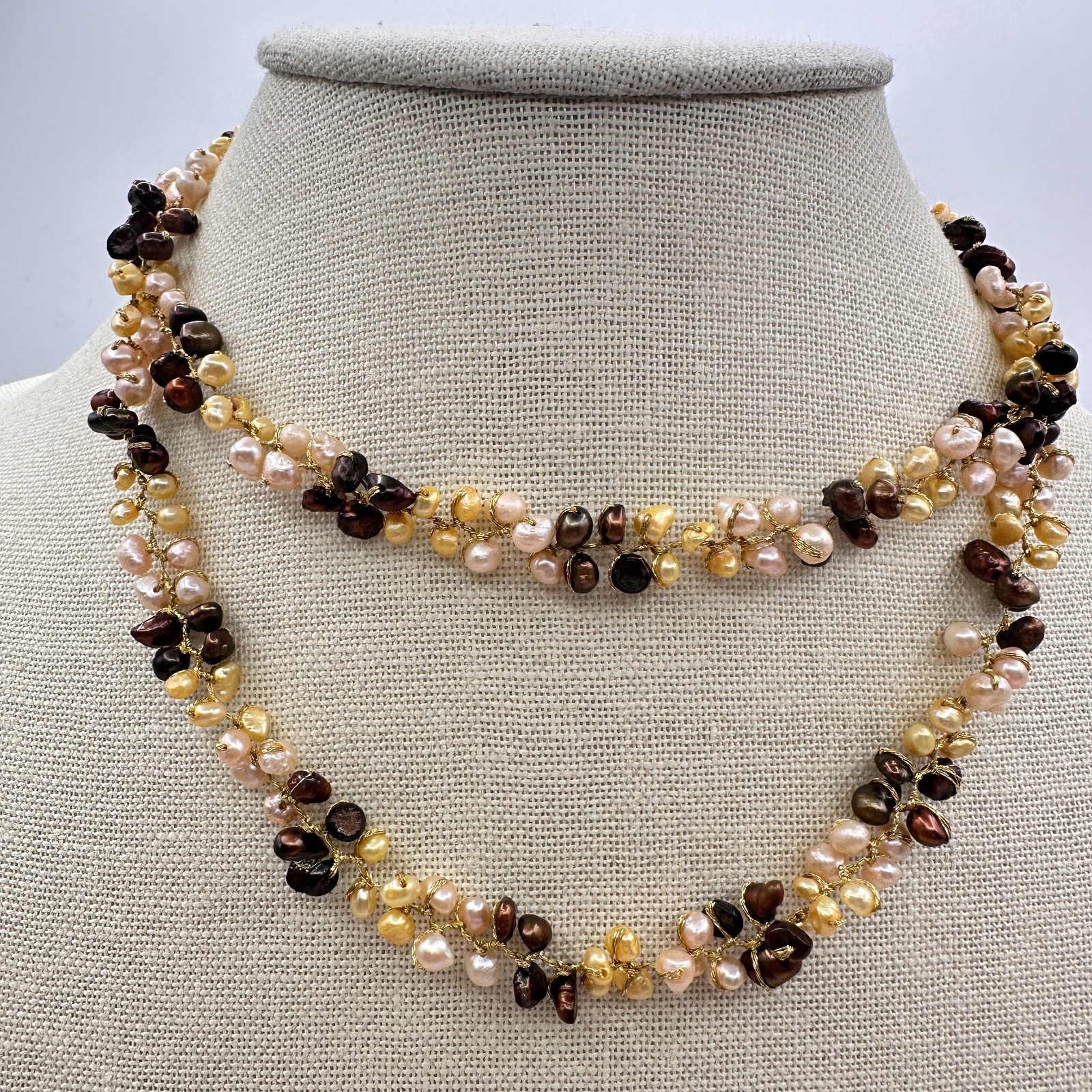Vintage 90s Multi strand Wire Wrap Pearl Necklace Gold Tone Women’s Jewelry Boho