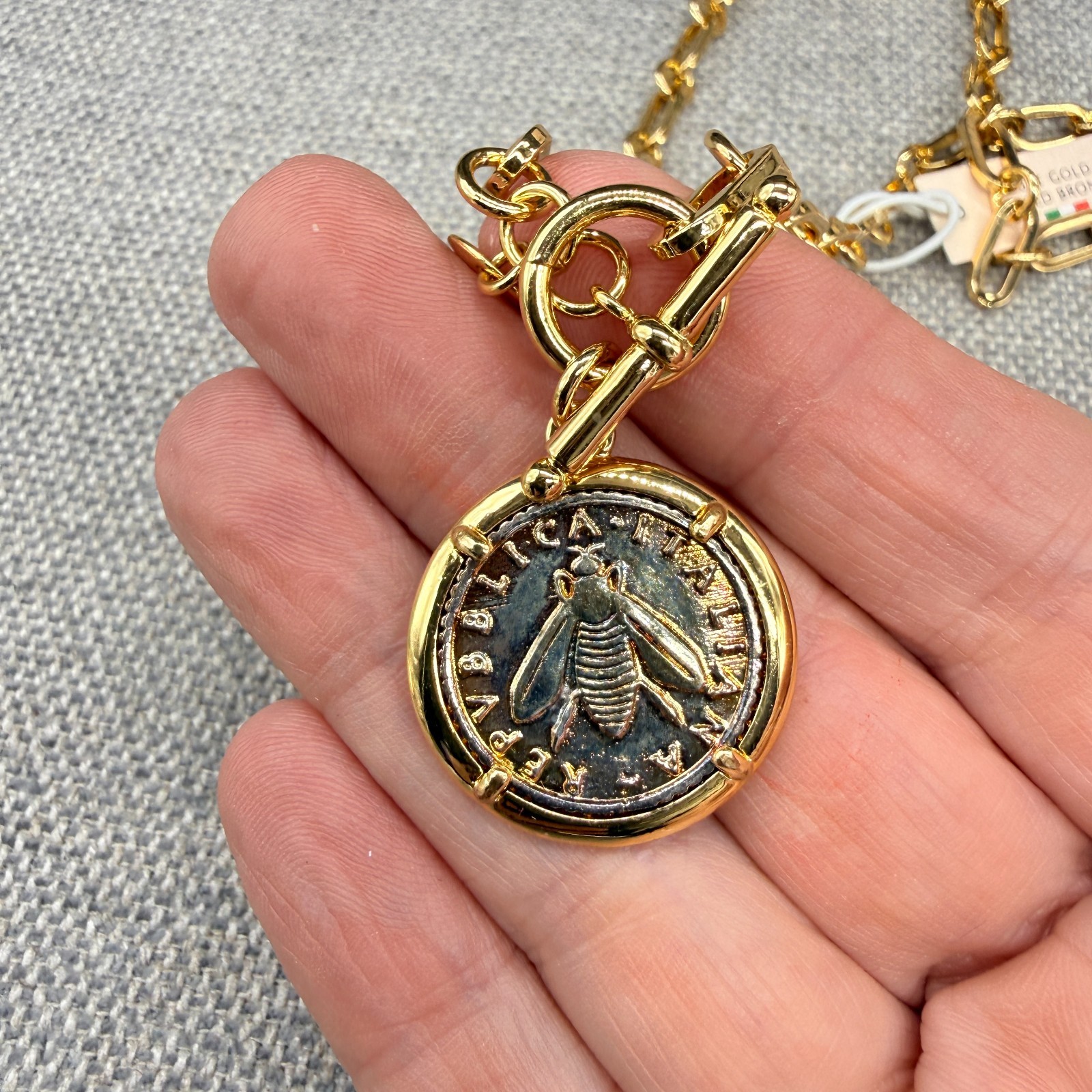 Mia Fiore Necklace Dyadema 18K Gold Plated Coin Pendant Italy Paperclip Chain