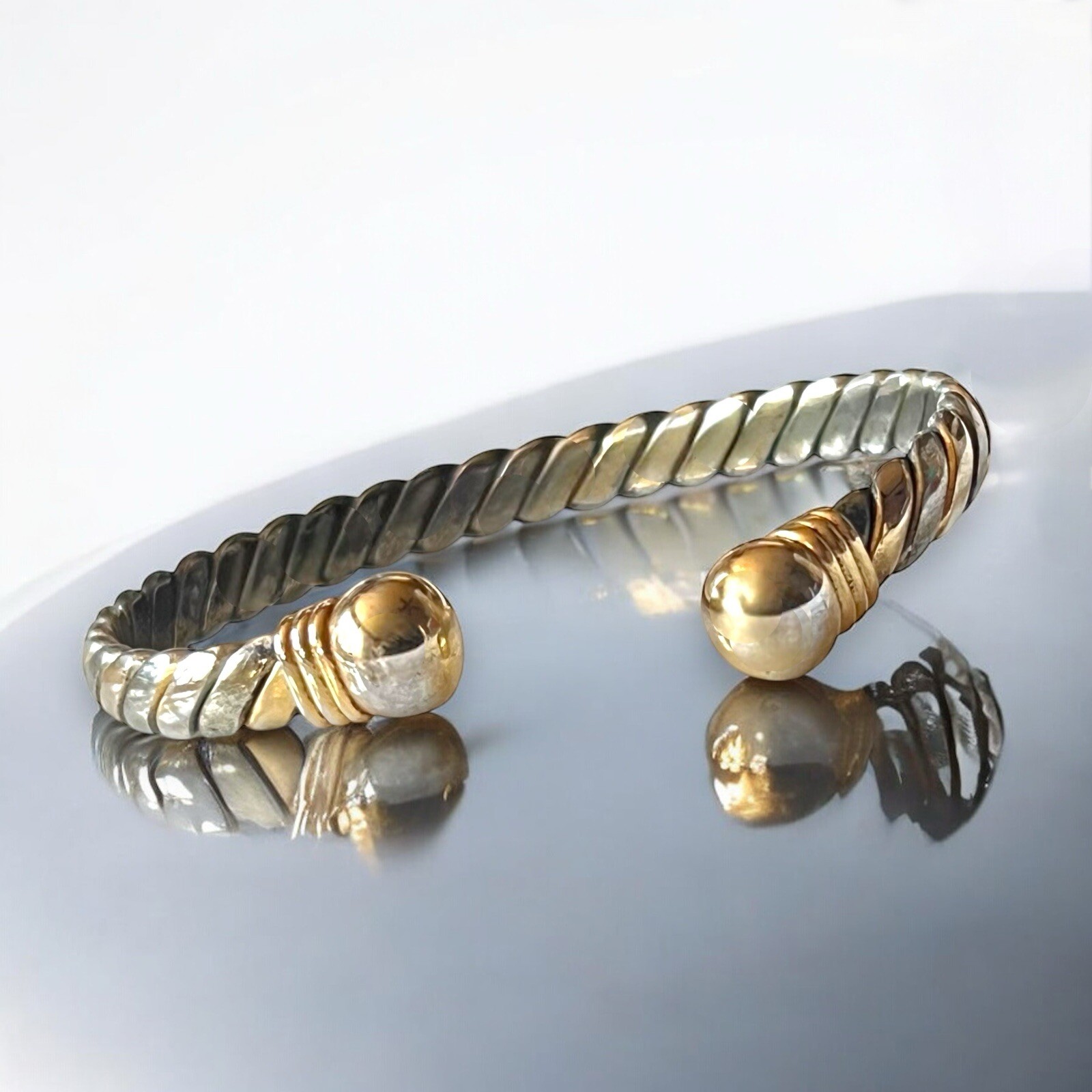 Mixed Metal Cuff Bracelet 7” Silver Gold Tone Flat Link Vintage 1980s Jewelry