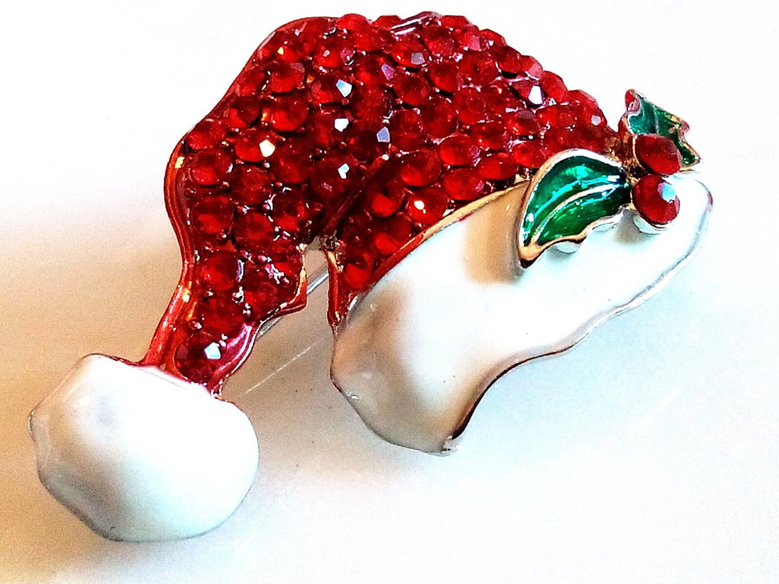 SANTA HAT BROOCH! Lovely Red Crystals! Bright Green & White Enamel! Holiday Pin!