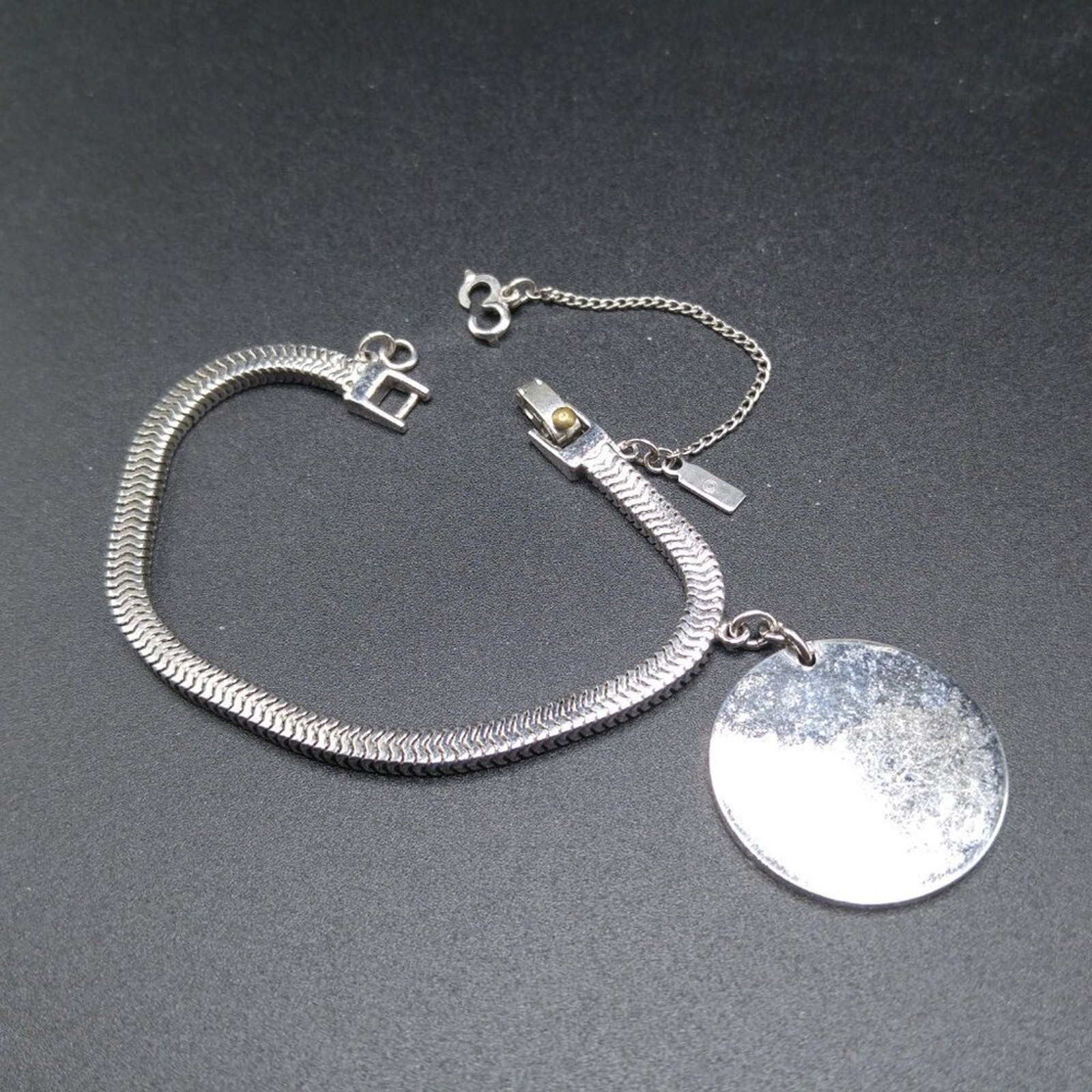 Vintage Monet Snake Chain Bracelet Engravable Disk Rhodium Sister Clasp