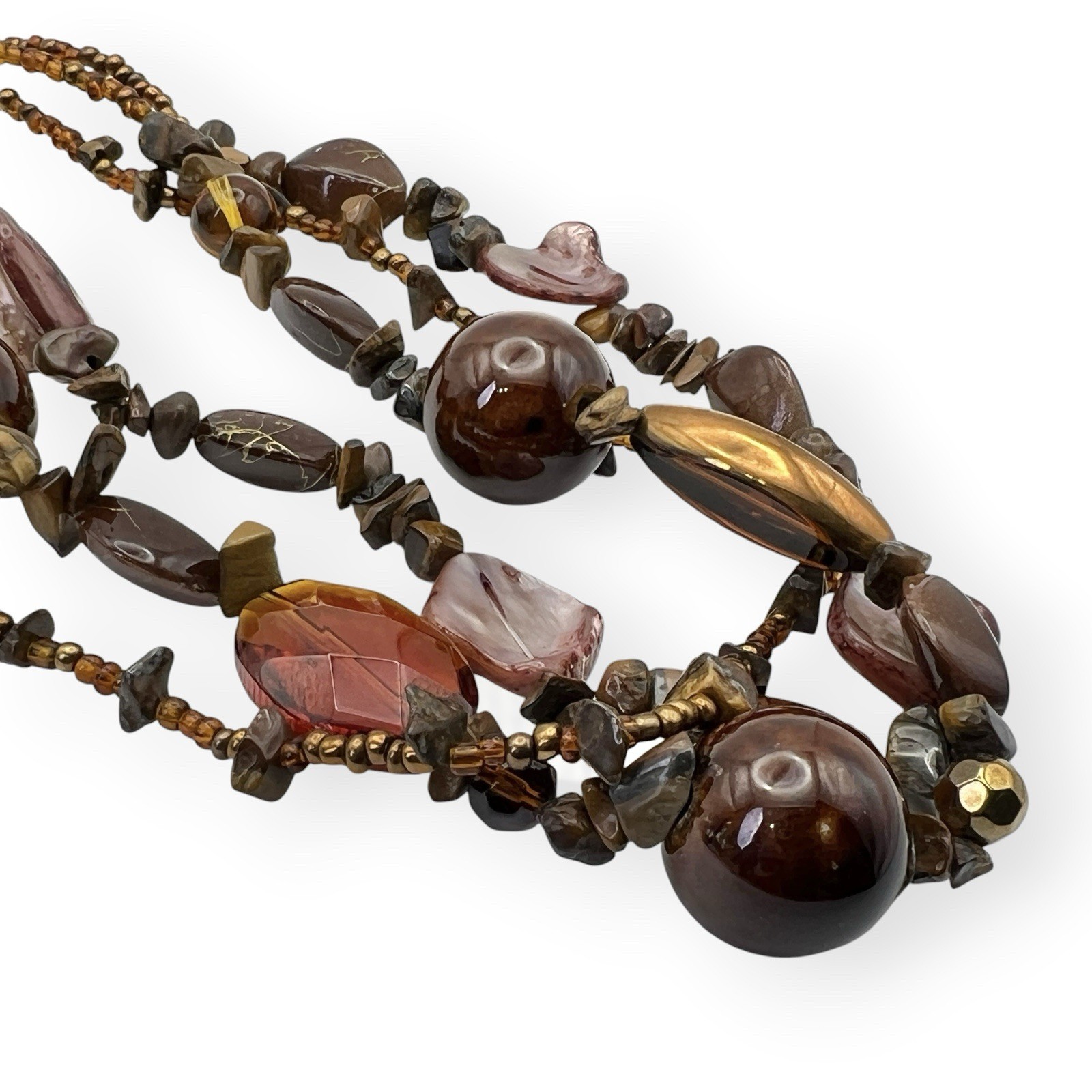 Multi Strand Beaded Necklace Earthy Natural Shell Glass Statement Boho Chic Vtg