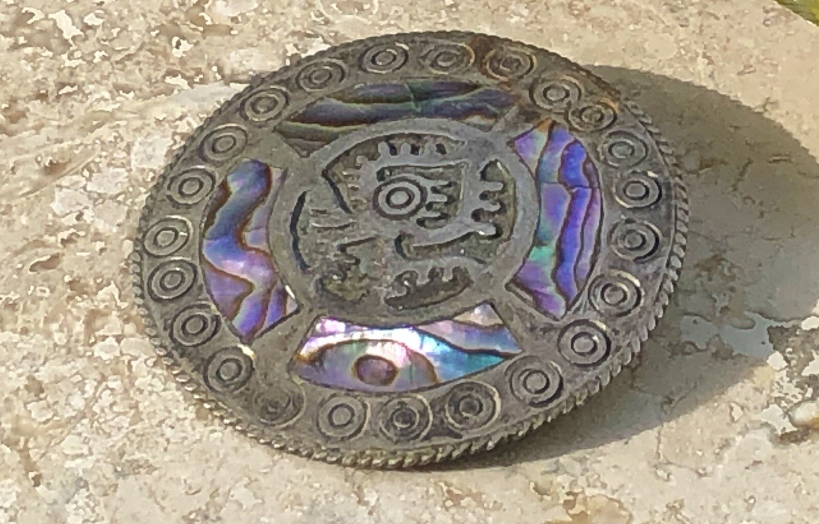 🌈 ✨VTG TAXCO Mexico 925 Sterling Silver TRB RAINBOW ABALONE Aztec Sun Pendant