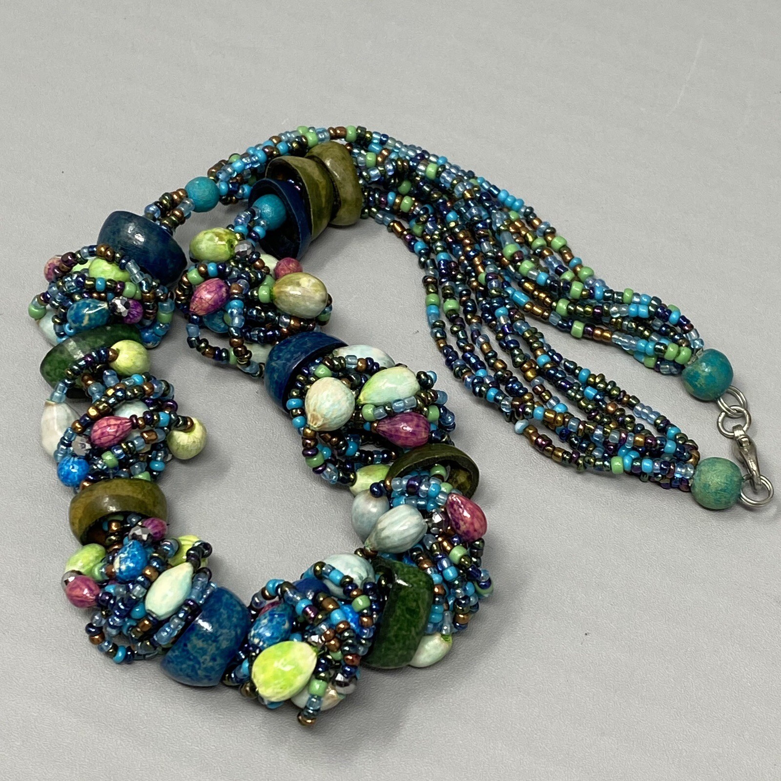 Boho Necklace Vintage Blue Multicolor Seed Bead Dyed Nut Multi Strand Collar 19″