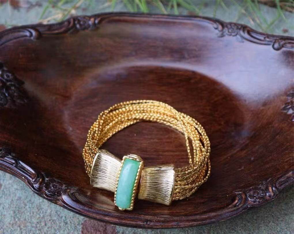 Vintage Style Gold Multi Chain Necklace & Bracelet Green Stone Statement Jewelry