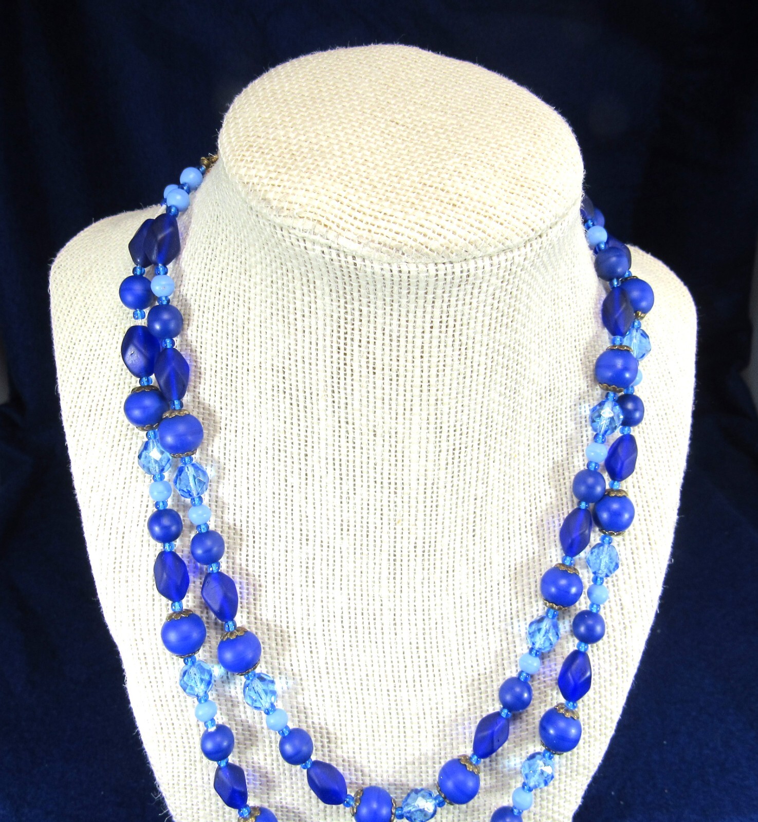 Vintage Blue and Purple 2 Strand Art Glass Bead Necklace with Sea Glass Finish.