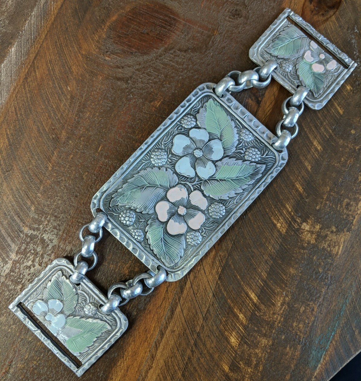 1940s Hammered Aluminum Arts&Crafts Belt Extension? Dogwood Raspberries Enamaled