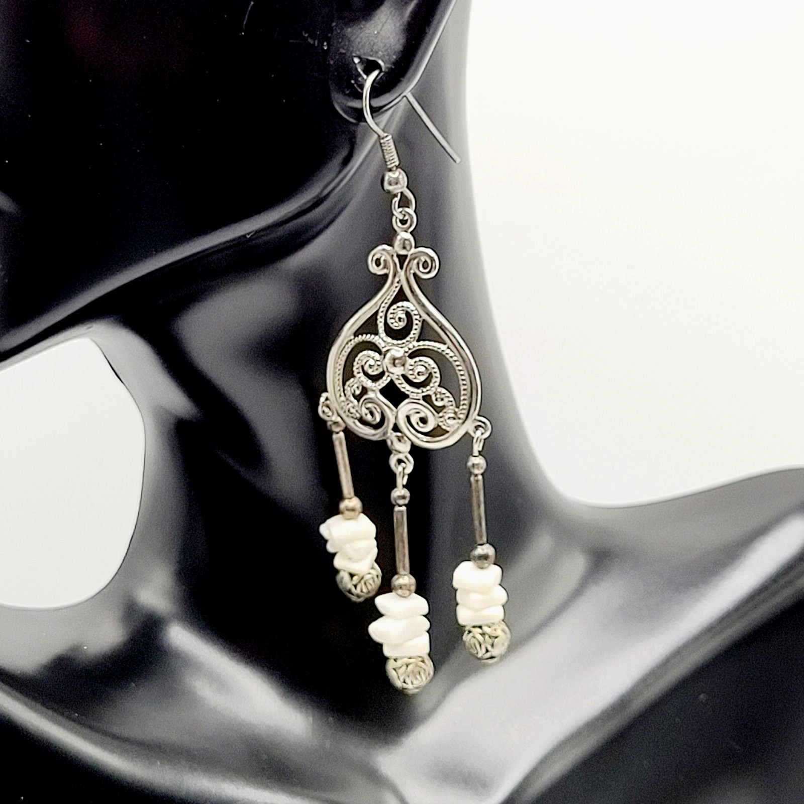 Southwestern Style Chandelier Silver Tone White Howlite Bead Pierced Earrings