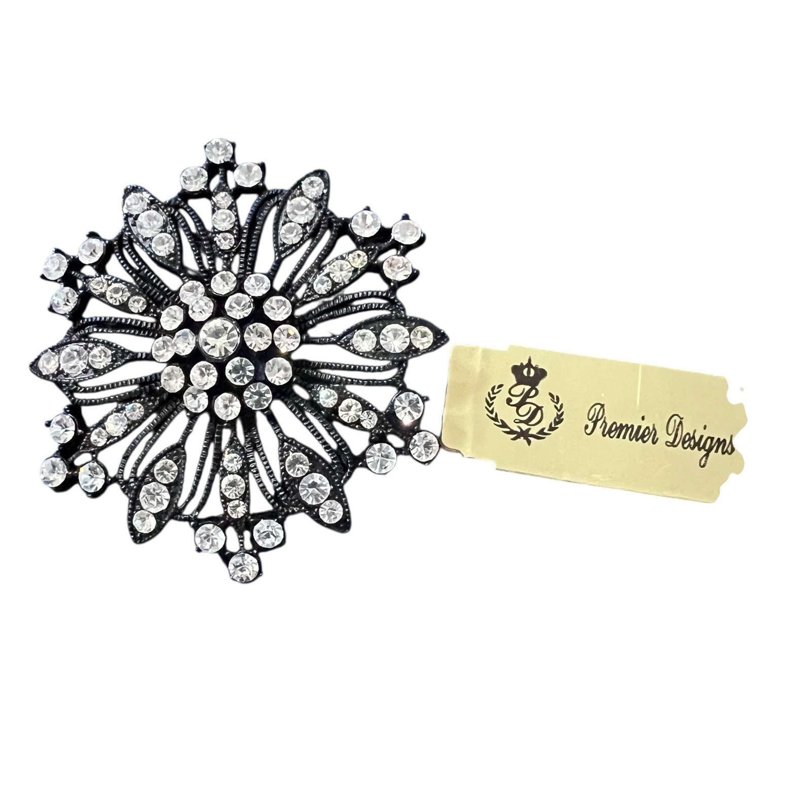 Vintage Black Spiral Starburst Metal Brooch/Pendant W/ Clear Sparkly Stones NWT