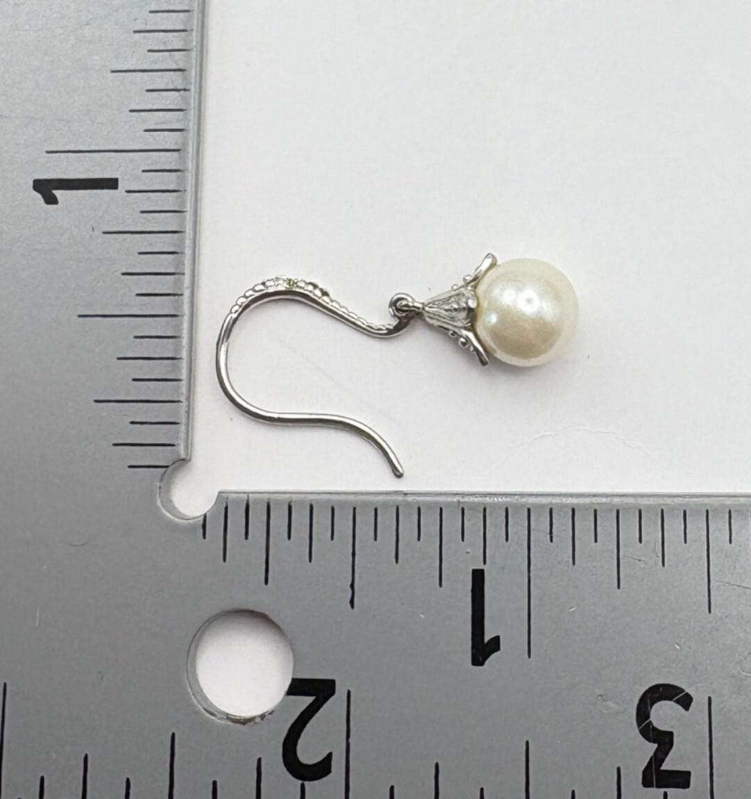 Classic Faux Pearl Dangling Earrings Rhinestone Silver Tone Ornate Style