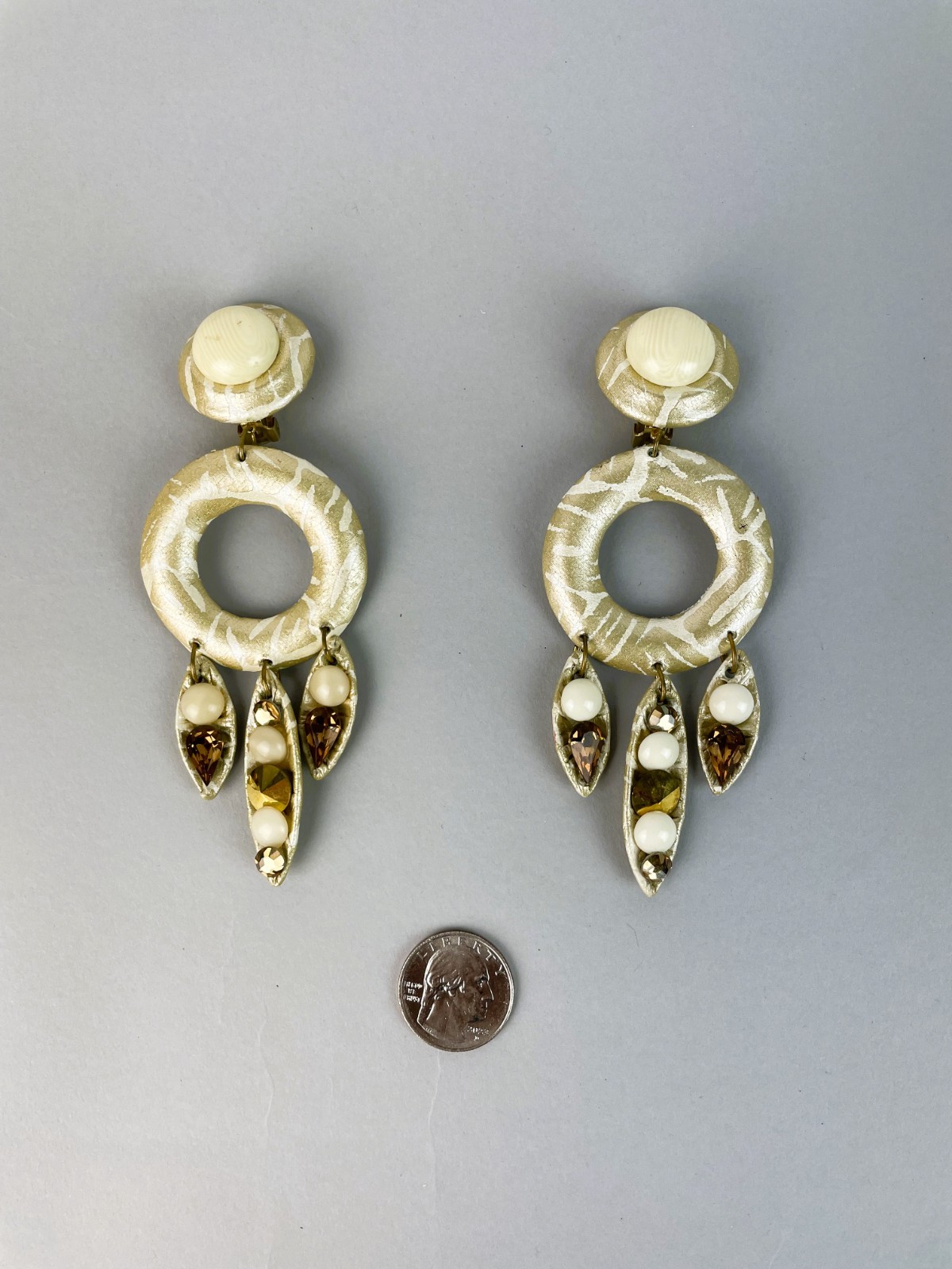 Vintage 80s HUGE Leather and Rhinestone beaded Clip earrings STATEMENT 5″ X 1.8″