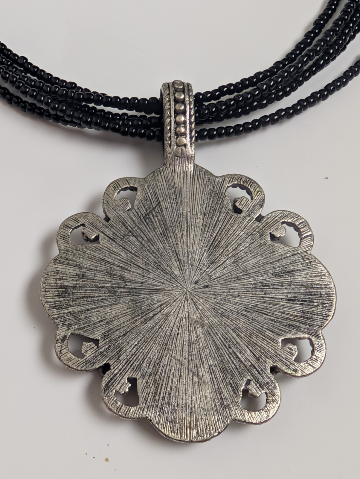 Vintage Black Beaded Necklace with Large Silver Tone Pendant – Gothic Boho Style