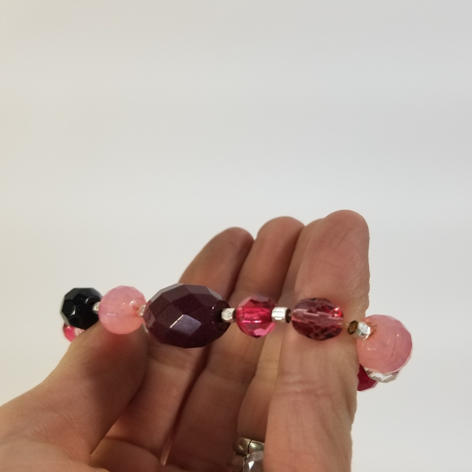 Pink Bead Stretch Bracelet Glass & Lucite SIlver Tone Spacers