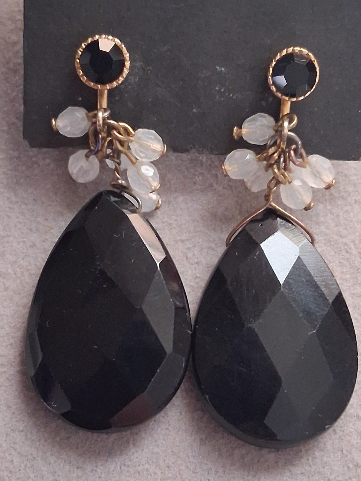 Faceted black glass teardrop stone adjustable clip on earrings w/dangle accents