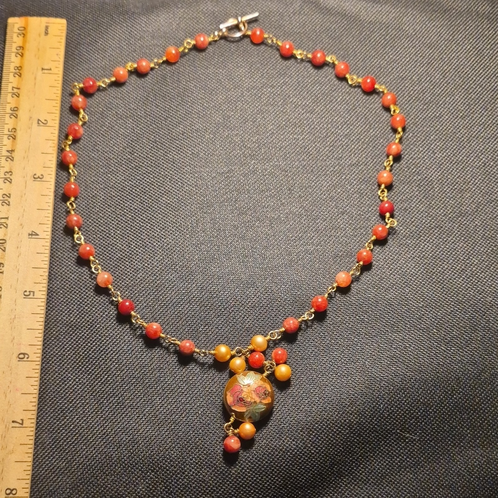 Beaded Necklace 18in Red Gold Glass Brass Floral Charm Pendant Toggle Closure