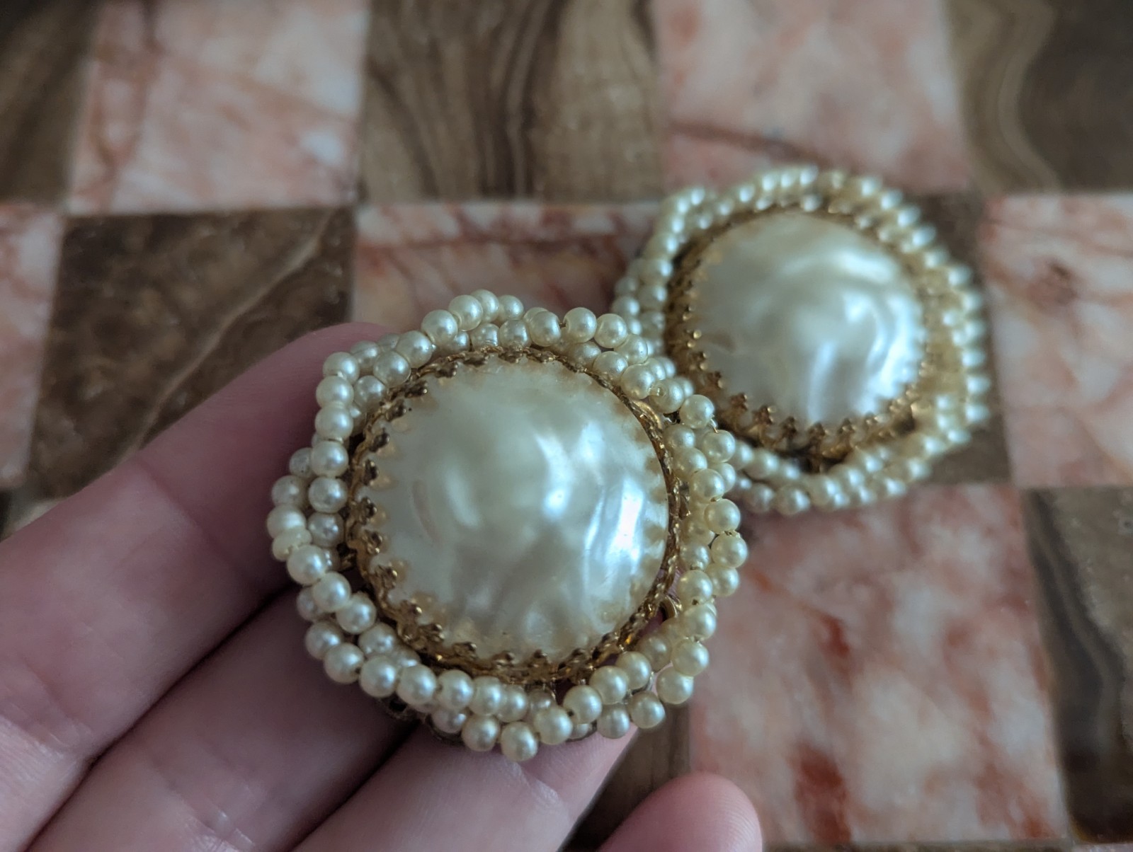 Miriam Haskell Large Pearl Ornate Cluster Statement Art Earrings Vtg Jewelry